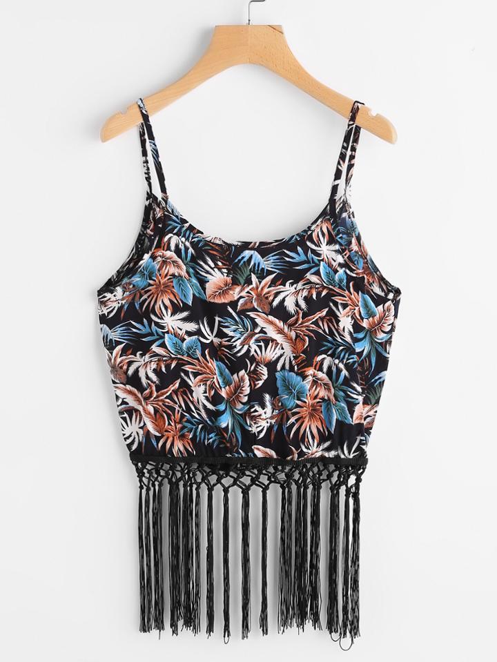 Romwe Leaf Print Tassel Hem Cami Top