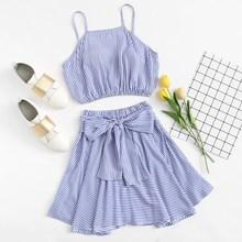 Romwe Striped Cami Top With Self Tie Skirt