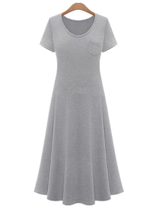 Romwe Grey Short Sleeve A-line Dress With Pocket