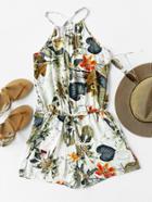 Romwe Tropical Print Criss Cross Back Drawstring Waist Romper