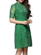 Romwe Green Short Sleeve Lace Embroidery Dress