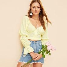 Romwe Gathered Sleeve Knot Back Crop Jacquard Top