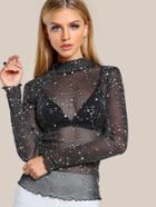 Romwe Mock Neck Lettuce Hem Glitter Mesh Top