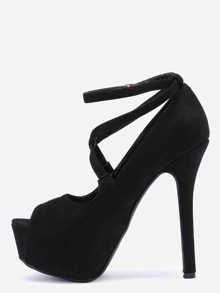 Romwe Crisscross Peep Toe Platform High Heels - Black