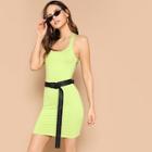 Romwe Neon Lime Crisscross Back Buckle Belt Dress