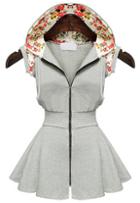 Romwe Hooded Florals With Zipper Pleated Grey Dress
