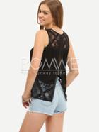 Romwe Black Sleeveless Lace Splice Split Blouse
