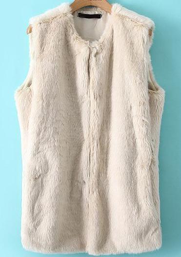 Romwe Apricot Sleeveless Pockets Faux Fur Vest