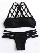 Romwe Black Cutout Cross Back Bikini Set