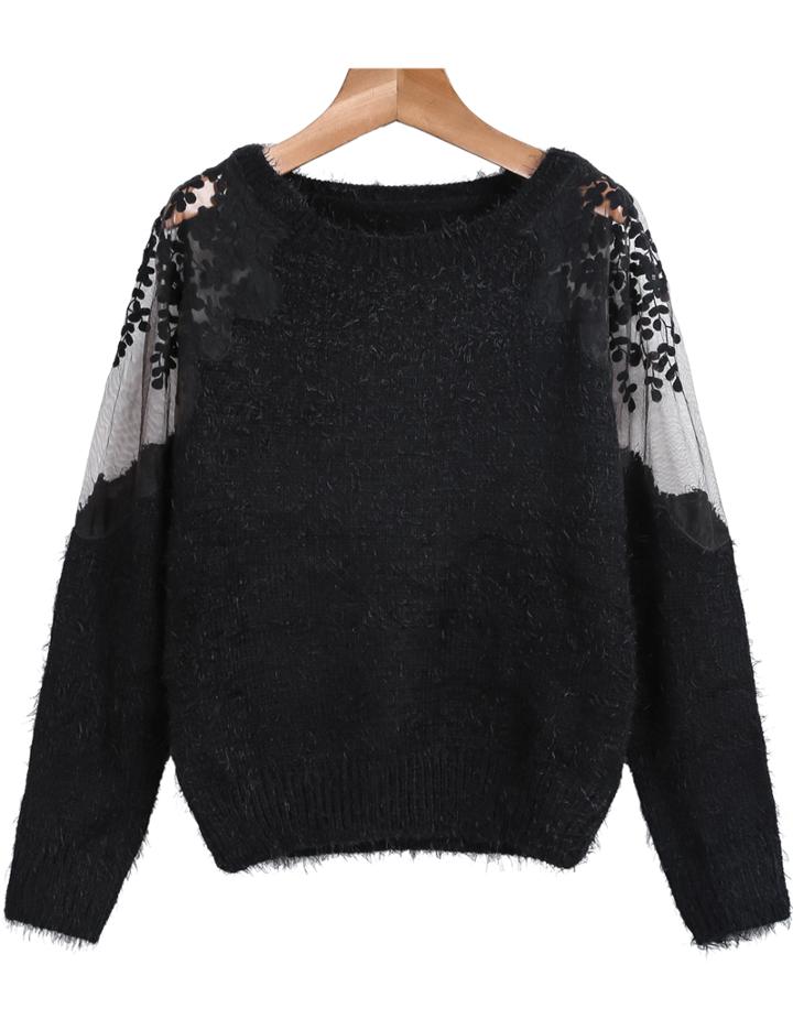 Romwe Hollow Lace Mesh Mohair Black Sweater