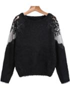 Romwe Hollow Lace Mesh Mohair Black Sweater