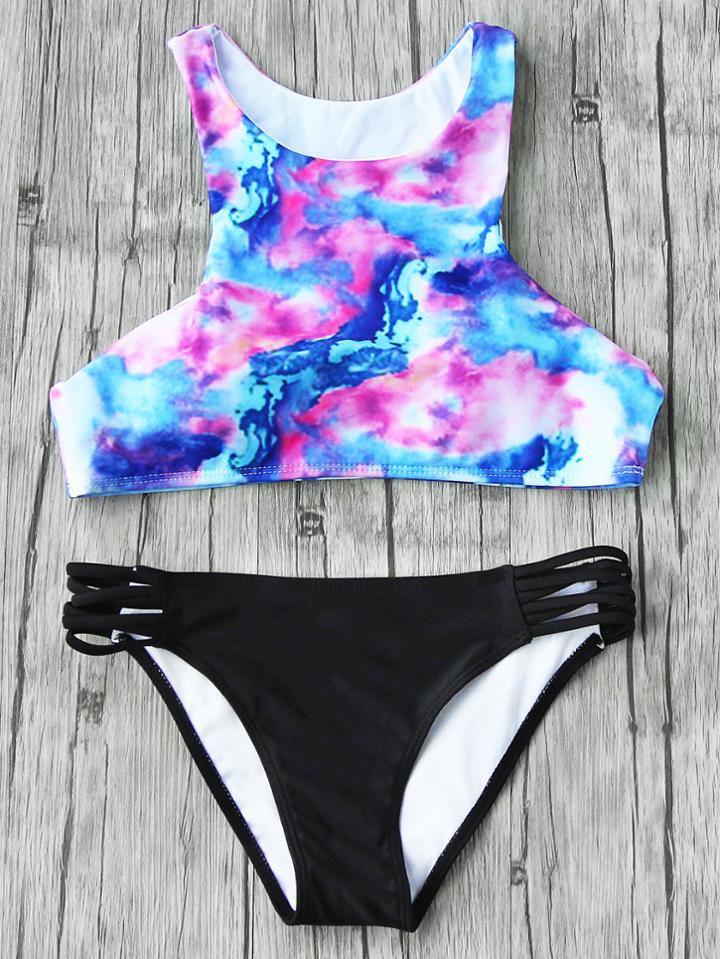 Romwe Mixed Print Ladder Cutout Mix & Match Bikini Set