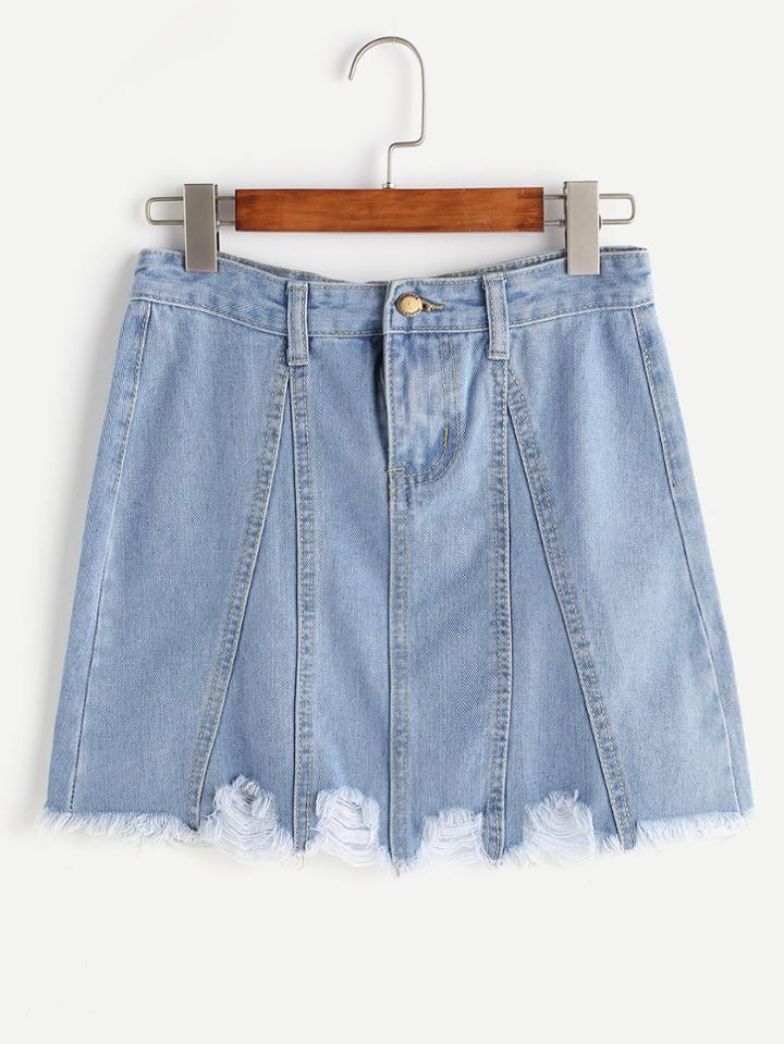Romwe Light Blue Raw Hem A-line Denim Skirt