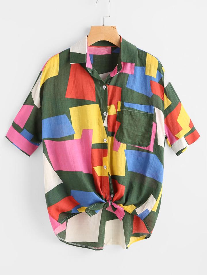 Romwe Patchwork Knotted Hem Shirt