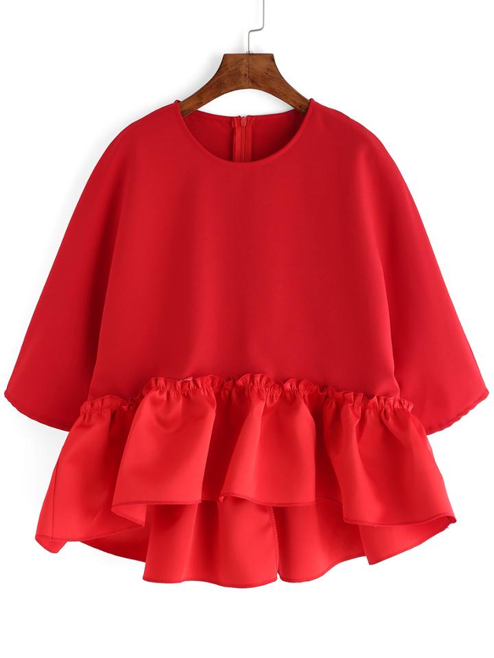 Romwe Red Round Neck Ruffle Dip Hem Blouse