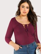 Romwe Quarter Sleeve Ribbed Tie Up Top