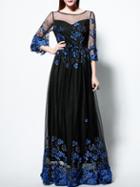 Romwe Blue Round Neck Length Sleeve Contrast Gauze Embroidered Dress