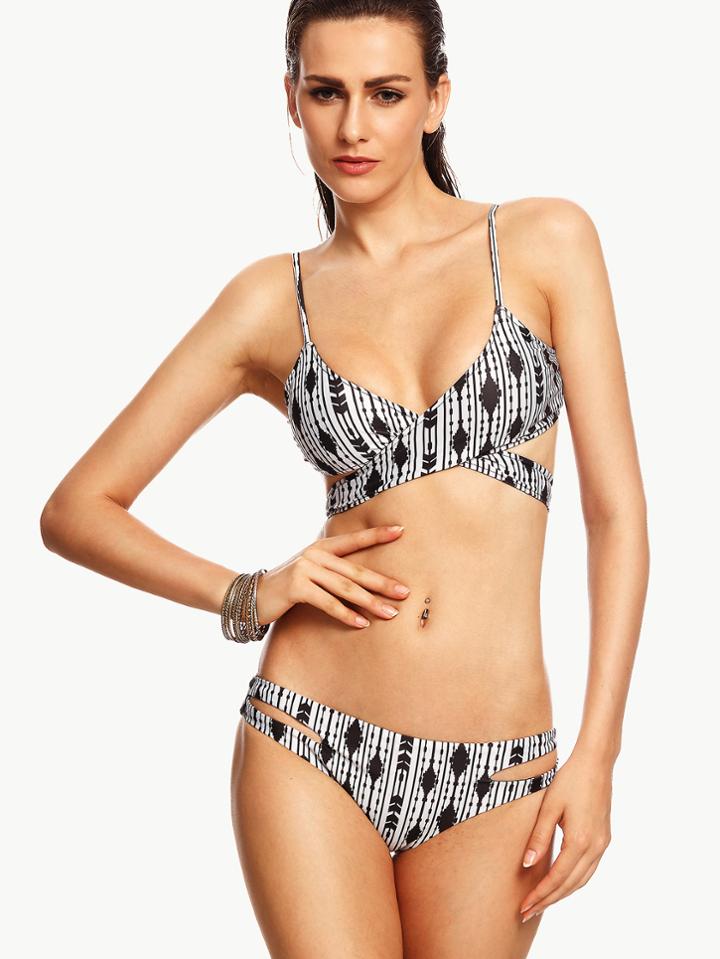 Romwe Black White Print Cross Wrap Bikini Set