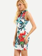 Romwe Multicolor Sleeveless Flower Print Cut Out Bodycon Dress