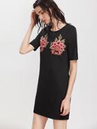 Romwe Black Embroidered Flower Applique Tee Dress