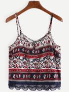 Romwe Lace Trimmed Flower Print Cami Top - Navy