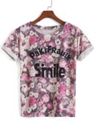 Romwe Florals Letter Print Red T-shirt