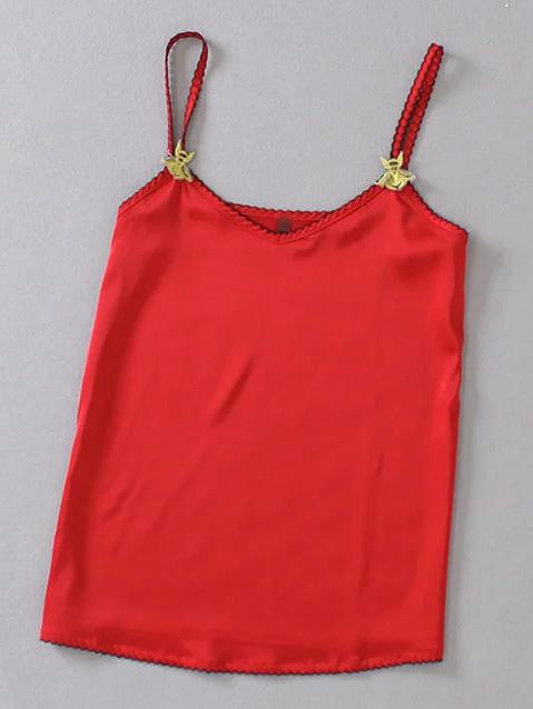 Romwe Red V Neck Bee Embroidery Cami Top
