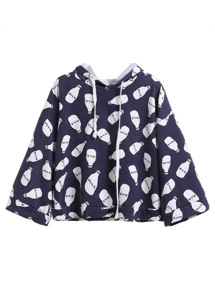 Romwe Navy Milk Bottles Print Hooded Sweatshirt