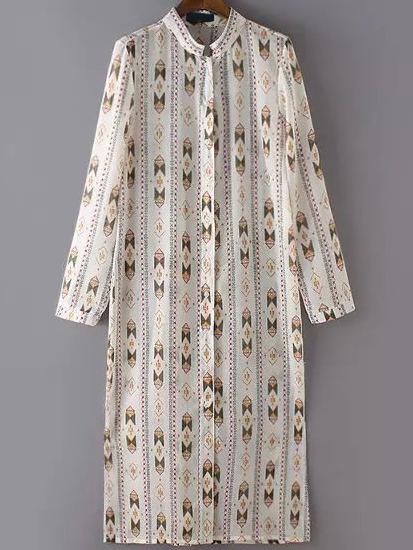 Romwe Geometric Print Split White Shirt Dress