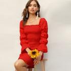 Romwe Square Neck Elasticized Sleeve Smocked Dress
