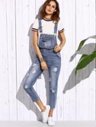 Romwe Blue Ripped Bleach Wash Overall Jeans