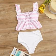 Romwe Striped Drawstring Peplum Top With High Waist Tankini Set