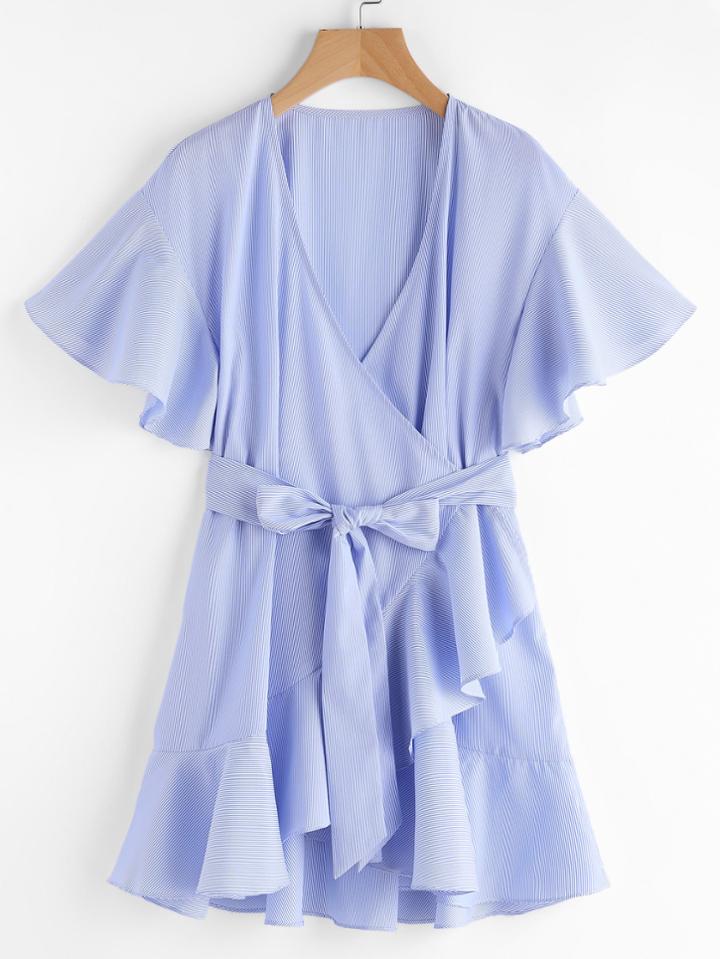 Romwe Frill Detail Surplice Wrap Striped Dress