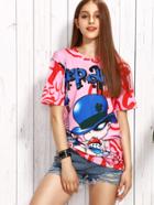 Romwe Pink Cartoon Print T-shirt