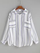 Romwe White Vertical Striped Dual Pocket Front Blouse
