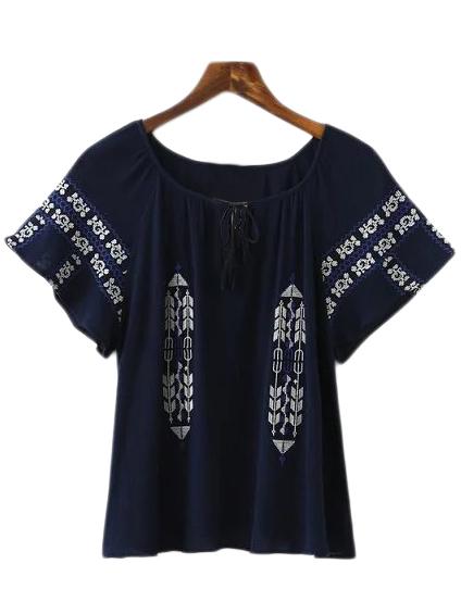 Romwe Navy Short Sleeve Tie Neck Tassel Embroidery Blouse