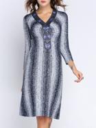 Romwe Grey Color Block V Neck Embroidered Shift Dress