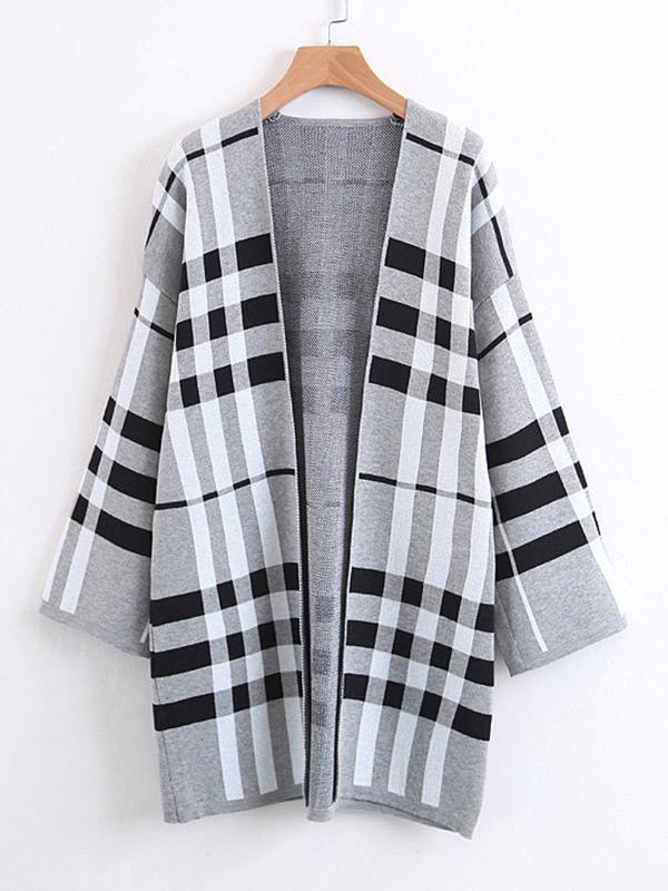 Romwe Open Front Longline Plaid Cardigan