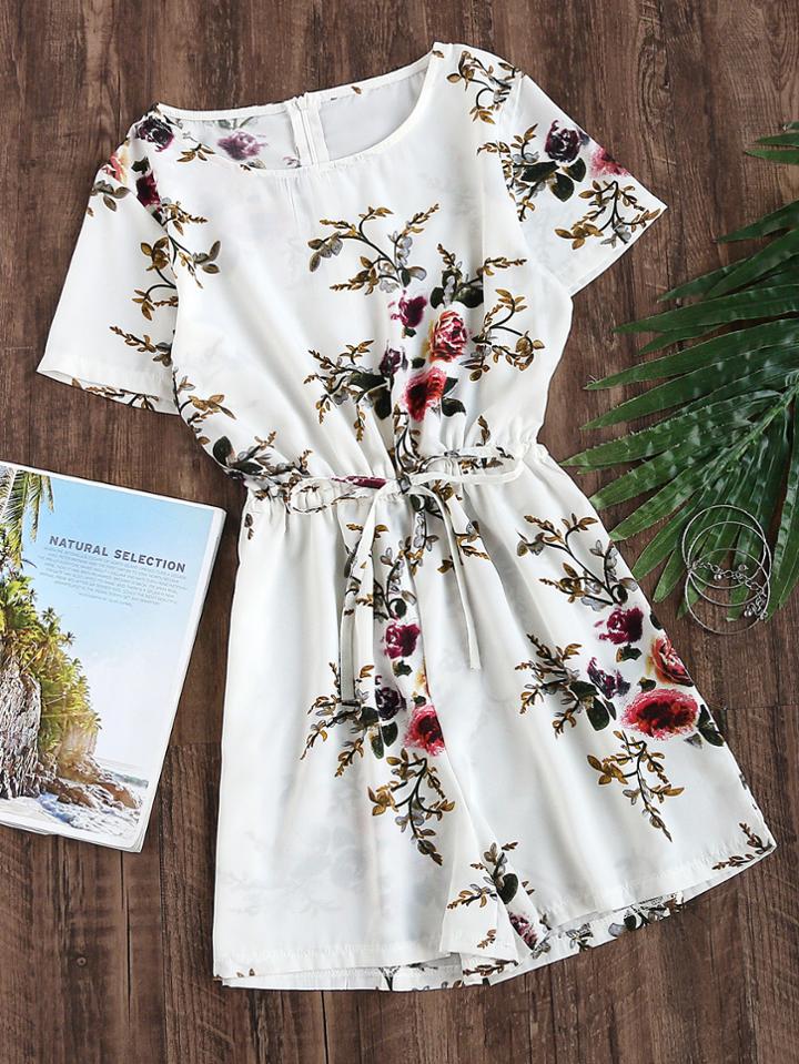 Romwe Floral Print Random Drawstring Waist Zip Back Romper