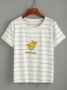 Romwe White Striped Banana Embroidered T-shirt