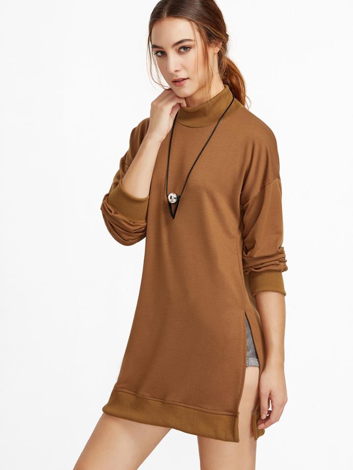Romwe Khaki High Neck Dropped Shoulder Seam Slit Side Sweatshirt