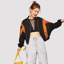 Romwe Snakeskin Panel Batwing Sleeve Zip Up Sweatshirt