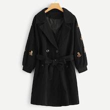Romwe Tie Waist Bee Embroidered Coat