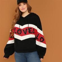 Romwe Plus Color-block Letter Print Drawstring Hoodie