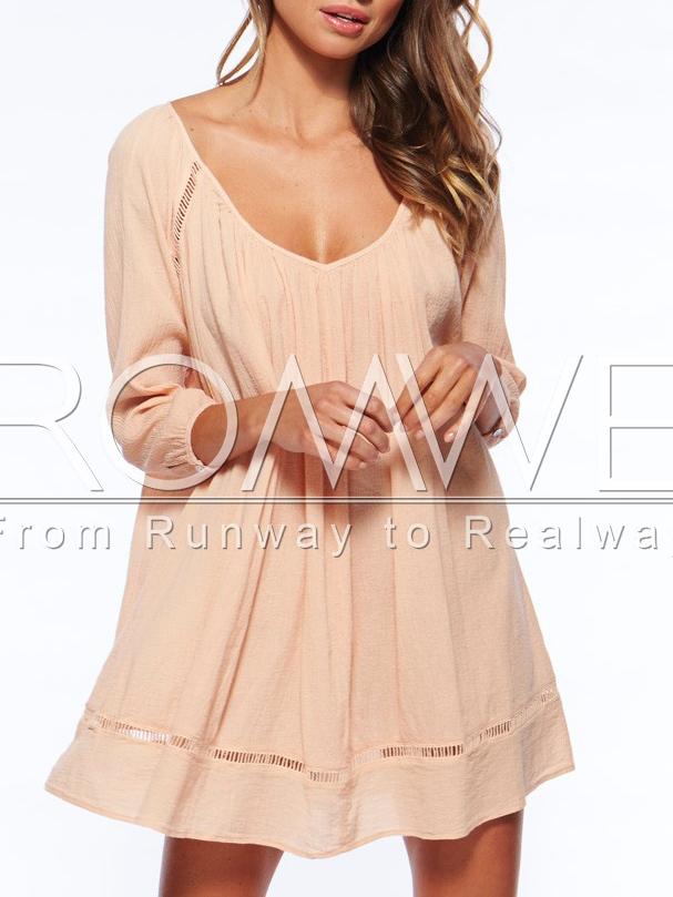Romwe Pink Long Sleeve Hollow Loose Dress