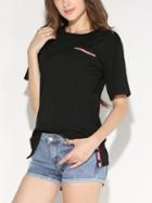 Romwe Red & Blue Stripe Pocket T-shirt - Black