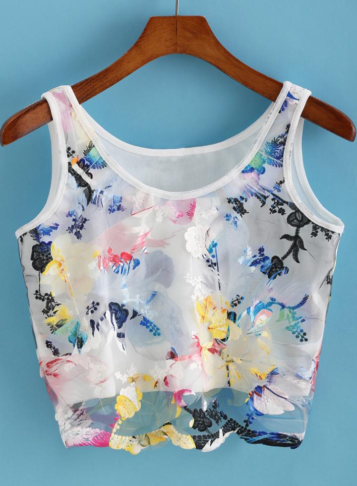 Romwe Florals Mesh Multicolor Tank Top