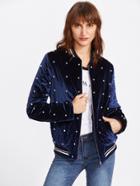 Romwe Pearl Beading Quilted Velvet Bomber Jacket