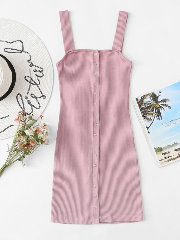 Romwe Single Breasted Ribbed Overall Dress