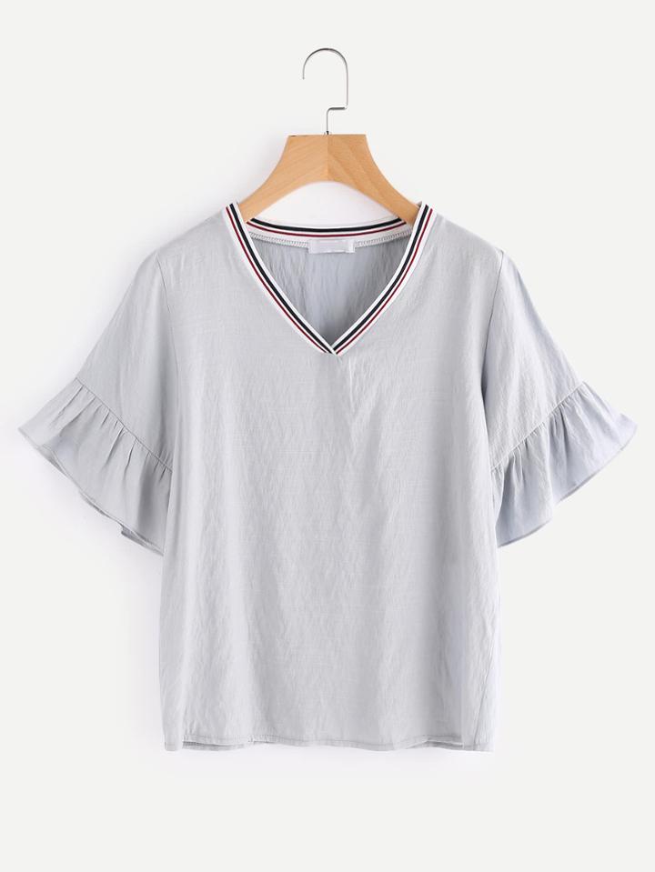 Romwe V Neckline Contrast Striped Trim Frill Cuff Top